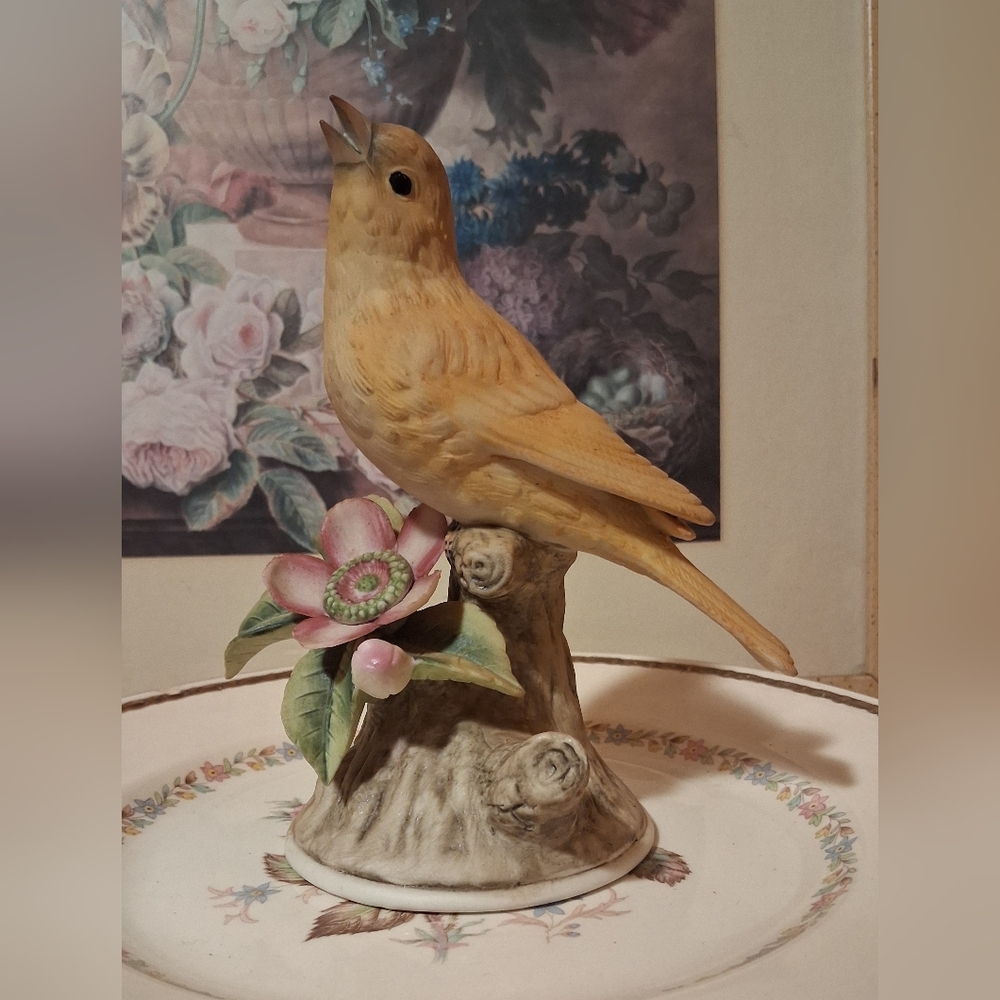 Andrea By Sadek Yellow Ceramic Songbird on Floral Perch